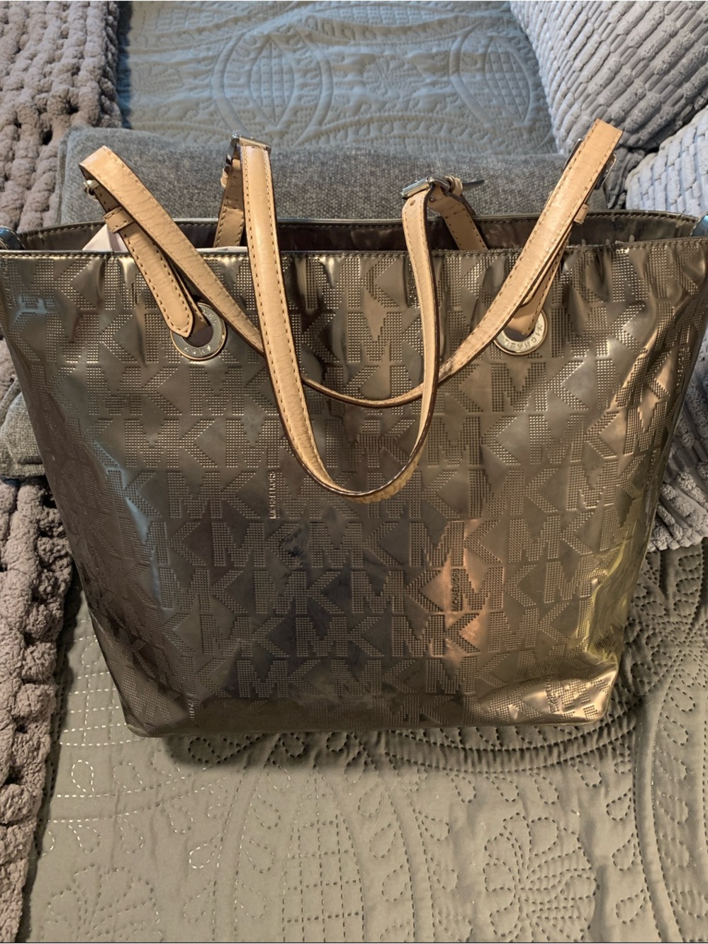 Michael Kors Metallic Logo Tote with Tan Handles